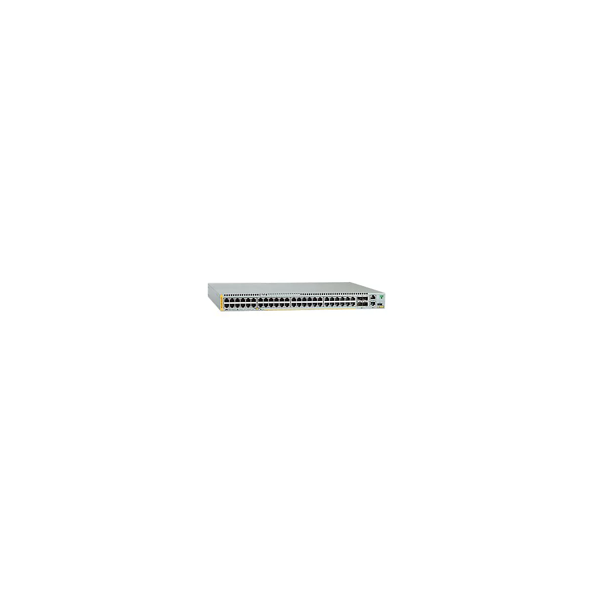 Grauer Netzwerk-Switch mit zahlreichen RJ45-Anschlüssen an der Vorderseite vor weißem Hintergrund.