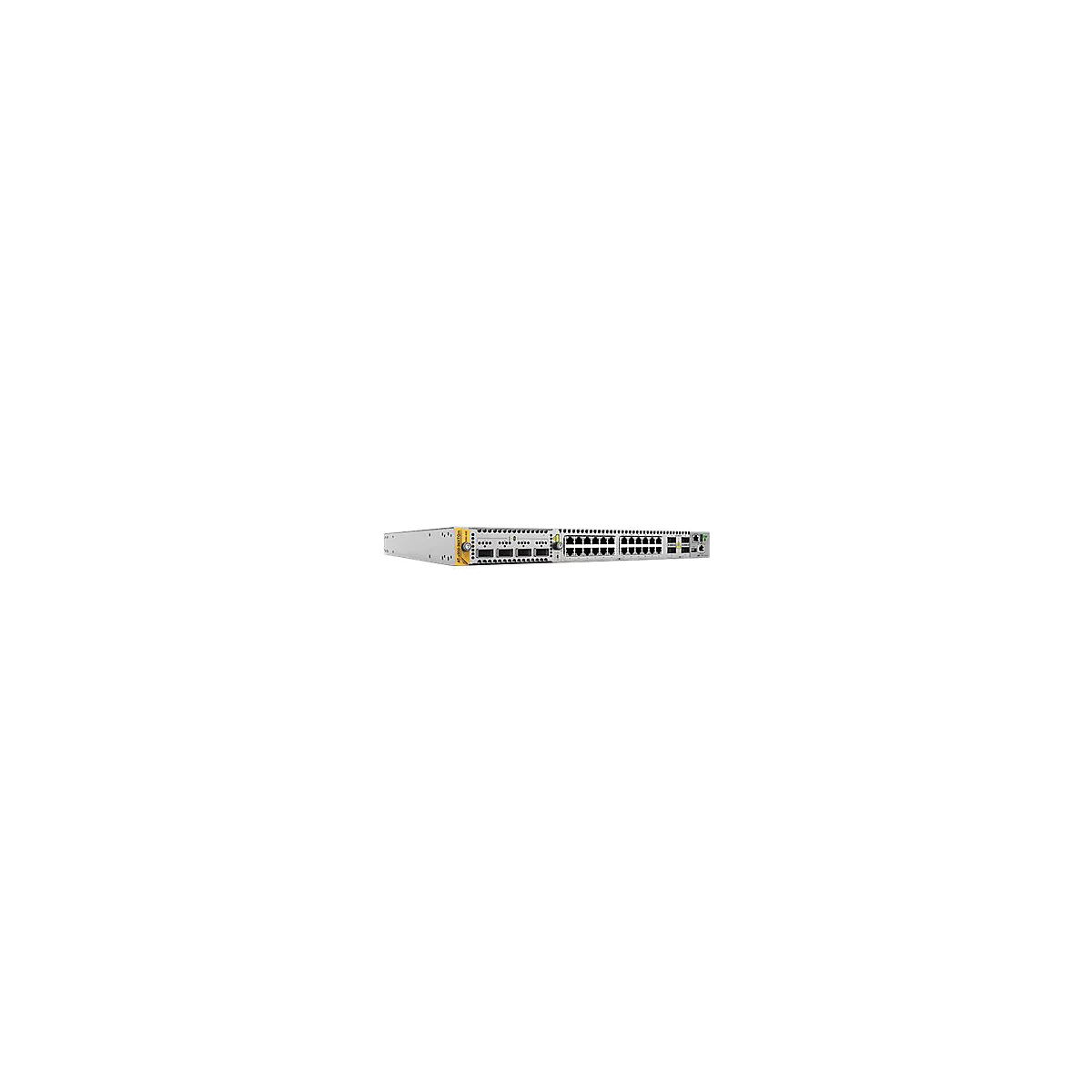 Ein grauer Netzwerk-Switch mit gelbem Branding auf der linken Seite, vielen Anschlüssen und LED-Anzeigen.