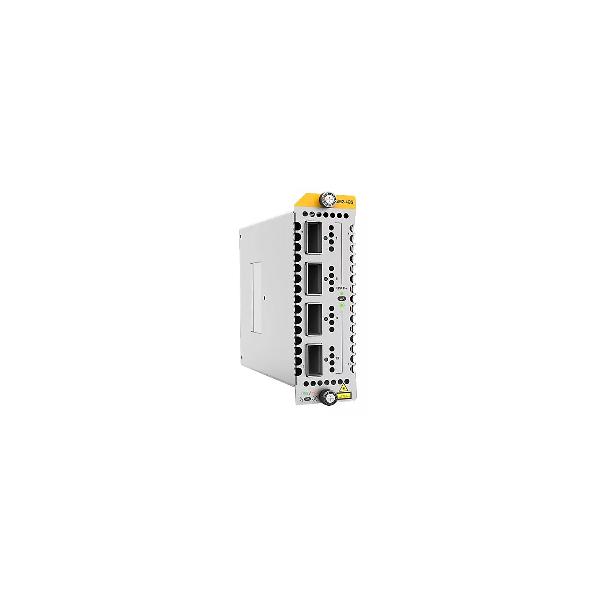 Netzwerk-Einschubkarte EM2-4QS mit vier QSFP-Ports und gelber Griffleiste vor weißem Hintergrund.