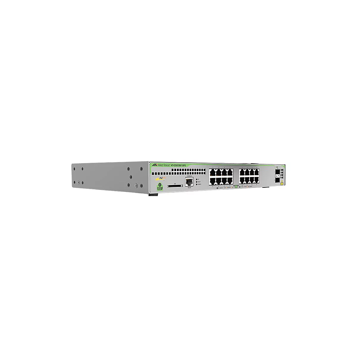 Commutateur réseau gris Allied Telesis AT-GS970M/18PS avec détails verts et nombreux ports.