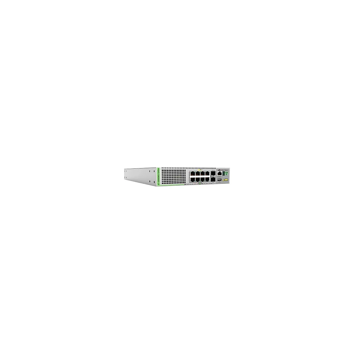 Ein grauer Netzwerk-Switch mit Ports und Anschlüssen. Aufschrift: AT-GS900MX/10H. Grüne Akzente.