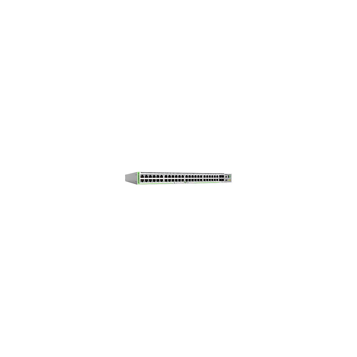 Ein grauer Netzwerk-Switch mit vielen AnschlÃ¼ssen. GrÃ¼ne Akzente, schwarze Ports, rechteckige Form.