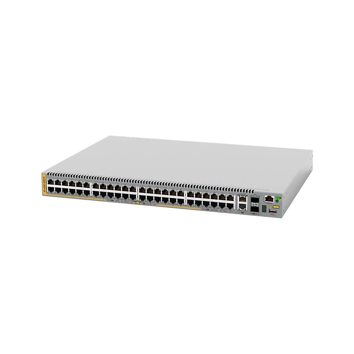 Grauer Netzwerk-Switch mit 48 Anschlüssen in flacher Gehäuseform vor weißem Hintergrund.