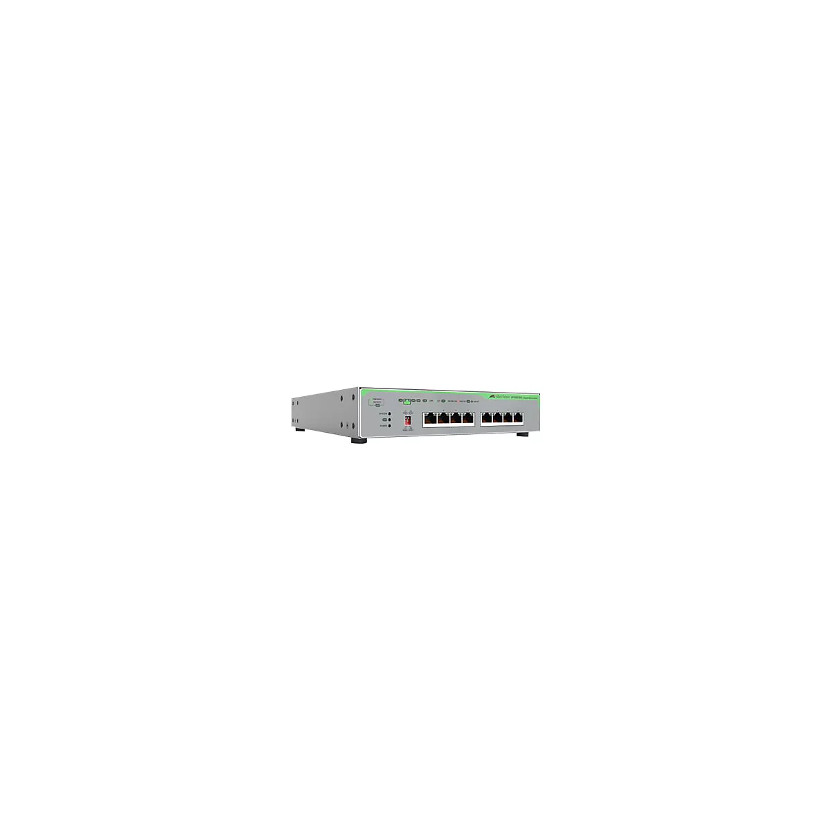 Grauer Router mit grünen Akzenten, acht Anschlüssen und LED-Anzeigen. Mit Produktbezeichnung.