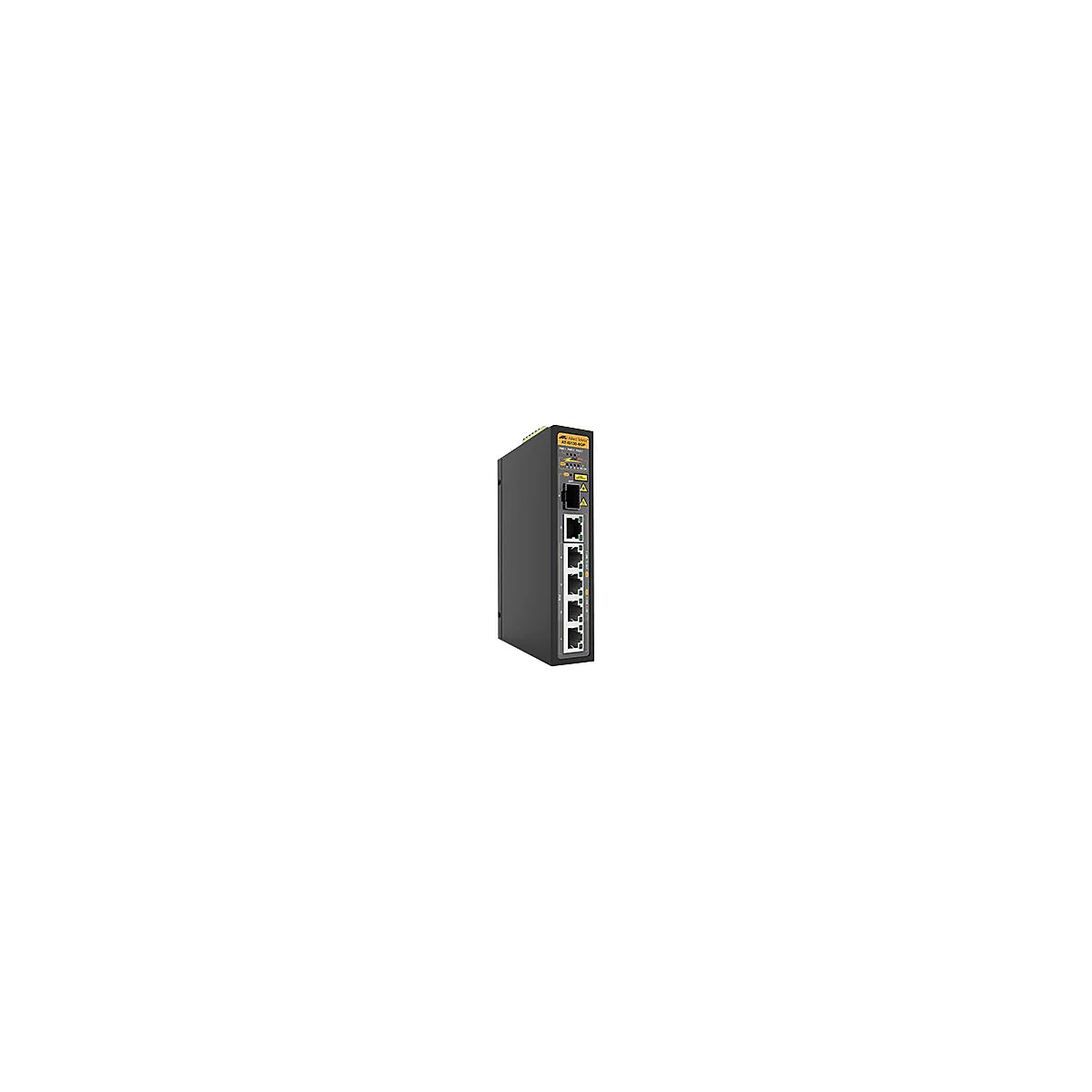 Schwarzer Netzwerk Switch mit gelben Akzenten, vielen Anschlüssen und Schriftzügen.