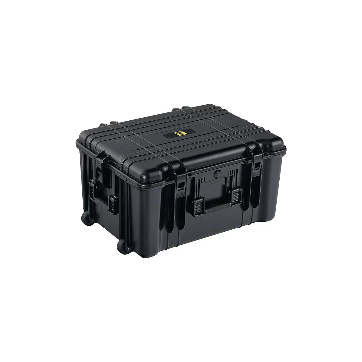 Valise noire et robuste avec roues, poignées et fermoirs. Un logo jaune sur le dessus.