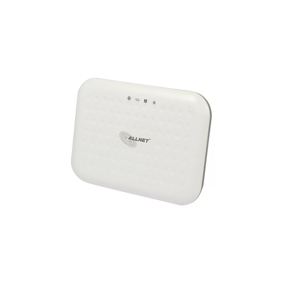 Weißer, flacher Allnet-Router mit abgerundeten Ecken, Markenlogo und kleinen Statusanzeigen.