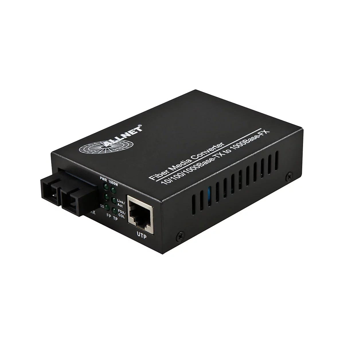 Schwarzer ALLNET Glasfaser-Medienkonverter mit RJ45- und LWL-Anschluss vor weißem Hintergrund.