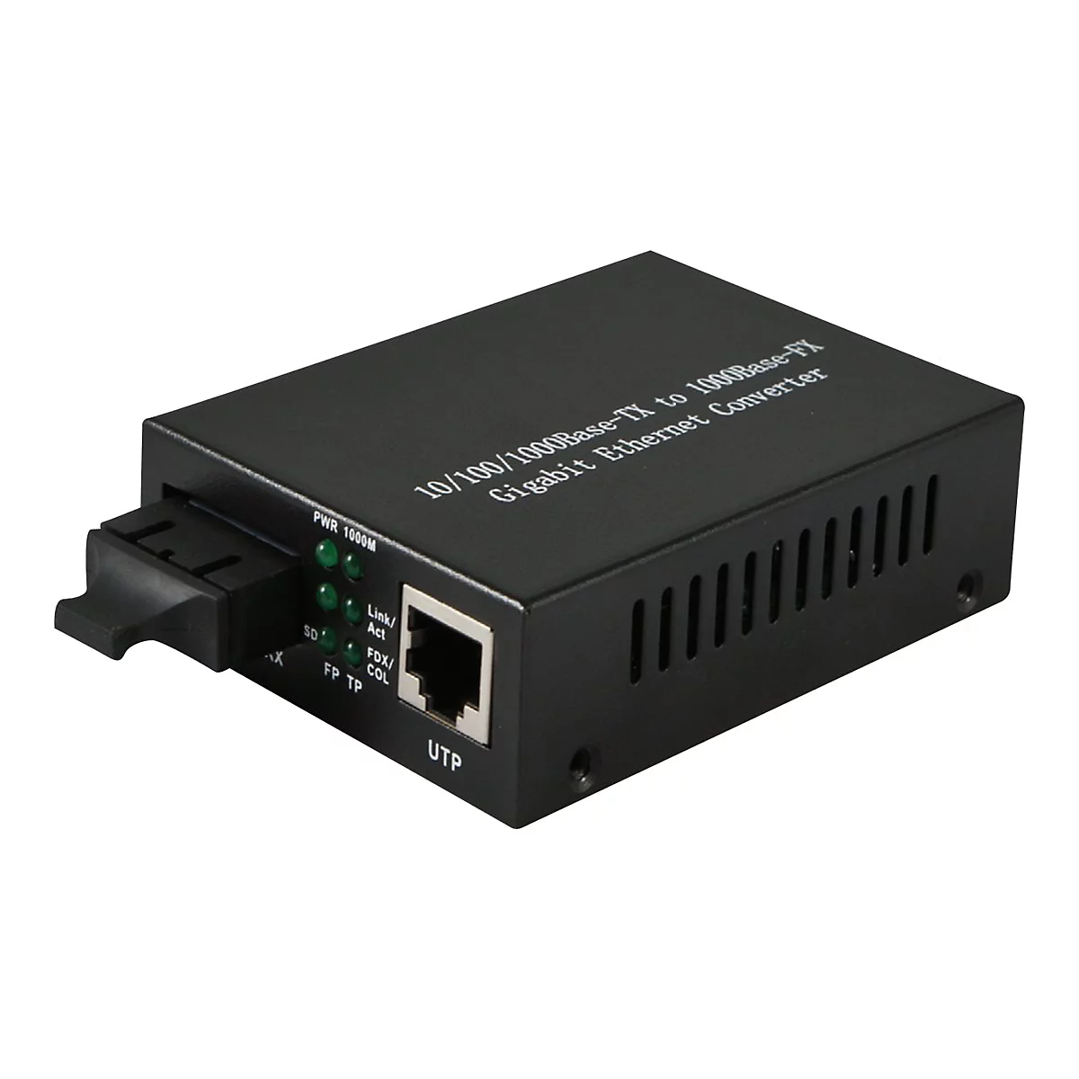 Schwarzer Gigabit Ethernet Konverter vor weißem Hintergrund mit Glasfaser- und RJ45-Anschluss.