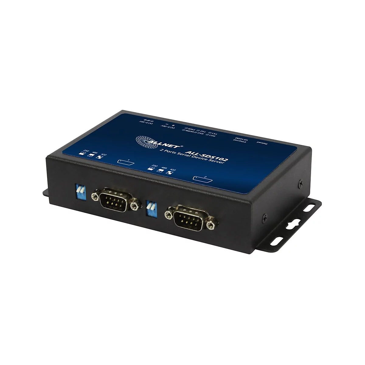 Schwarzer ALLNET ALL-SDS102 Serieller Device Server mit zwei seriellen Anschlüssen vor weißem Hintergrund.
