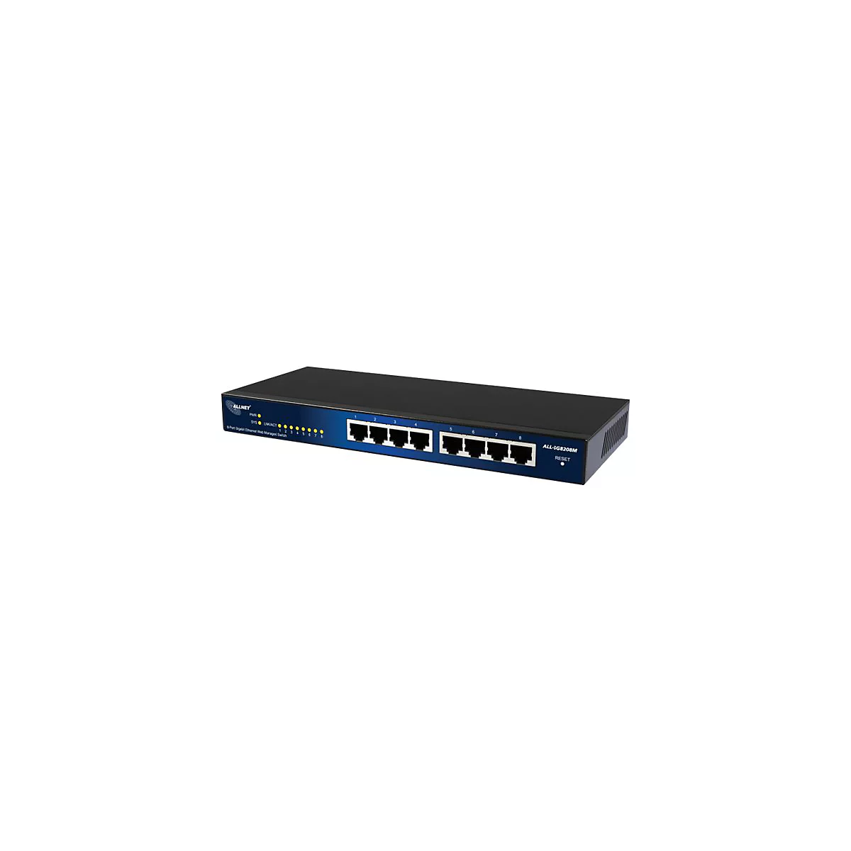 Schwarzer Allnet 8-Port Gigabit Ethernet Switch mit blauem Frontpanel und Status-LEDs auf weißem Grund.