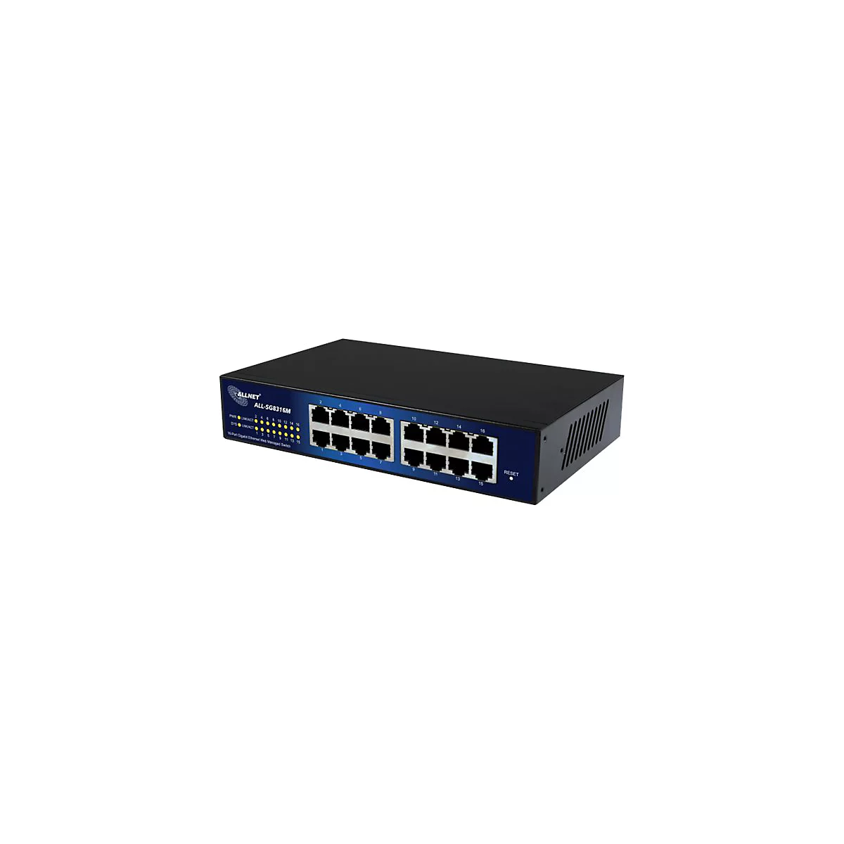 Schwarzer 16-Port Gigabit Ethernet Switch von ALLNET mit blauer Frontblende und LED-Statusanzeigen.