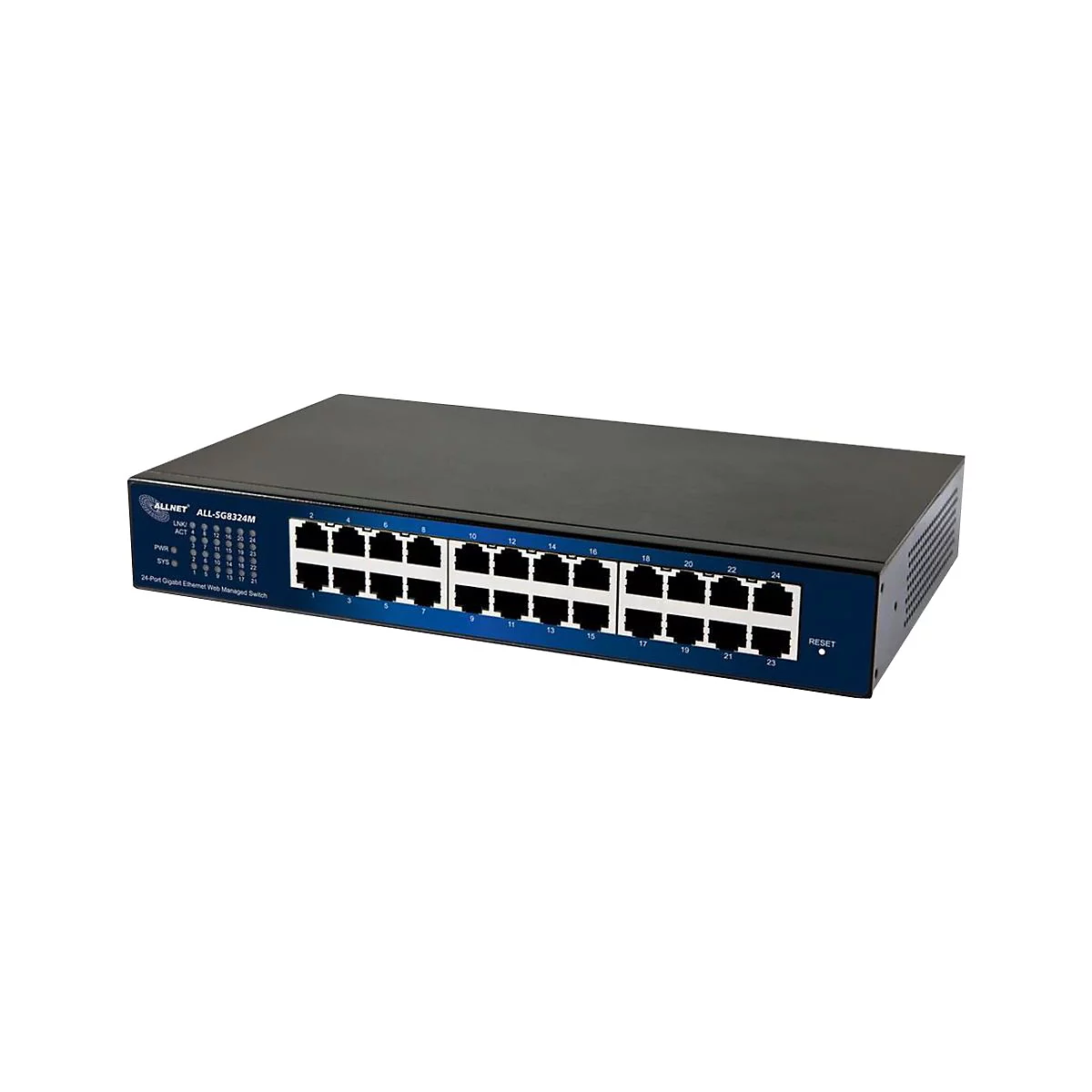 Schwarzer Allnet 24-Port Gigabit Ethernet Web Managed Switch in Frontalansicht vor weißem Hintergrund.
