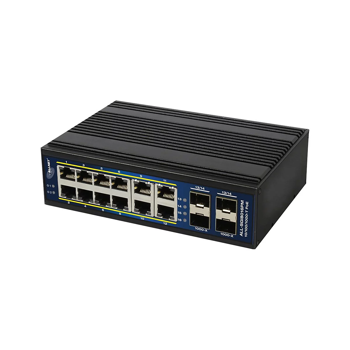 Schwarzer Allnet Netzwerk-Switch mit 16 Ports vor weißem Hintergrund.