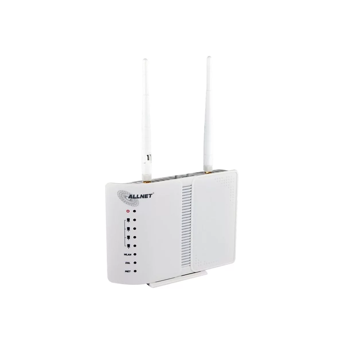 Weißer ALLNET WLAN-Router mit zwei Antennen und Status-LEDs auf der Vorderseite.