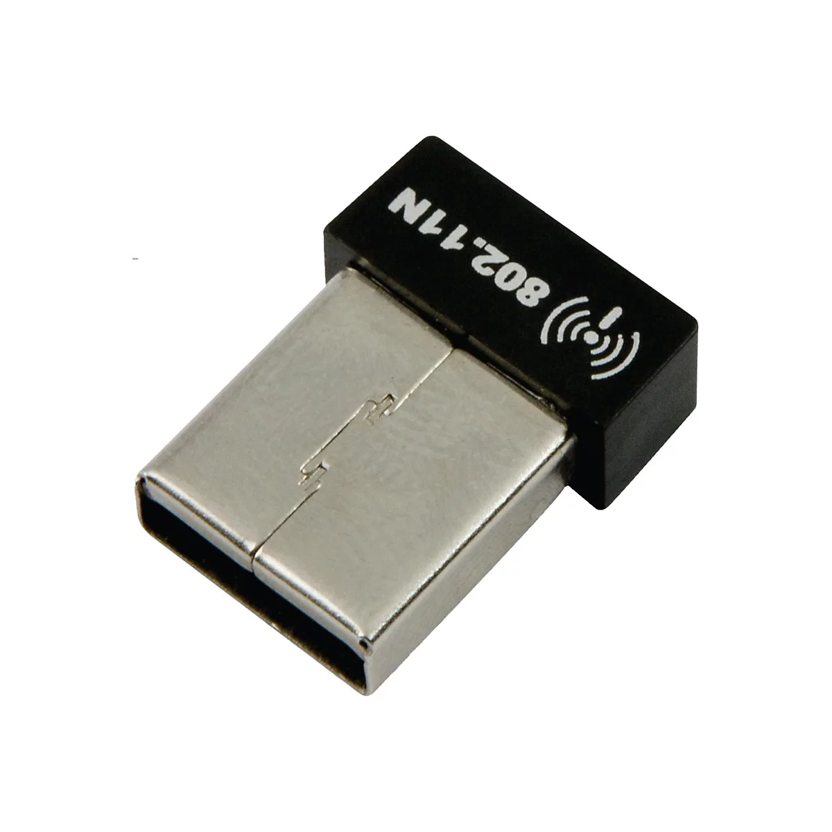 Kleiner schwarzer USB-WLAN-Adapter mit Aufschrift 802.11N und WLAN-Symbol auf weißem Hintergrund.