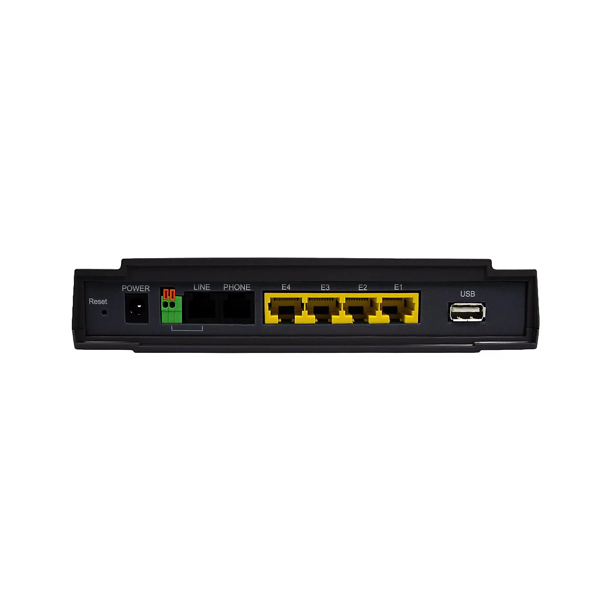 Rückseite eines schwarzen Routers mit Anschlüssen für Strom, Telefon, Ethernet und USB vor weißem Hintergrund.