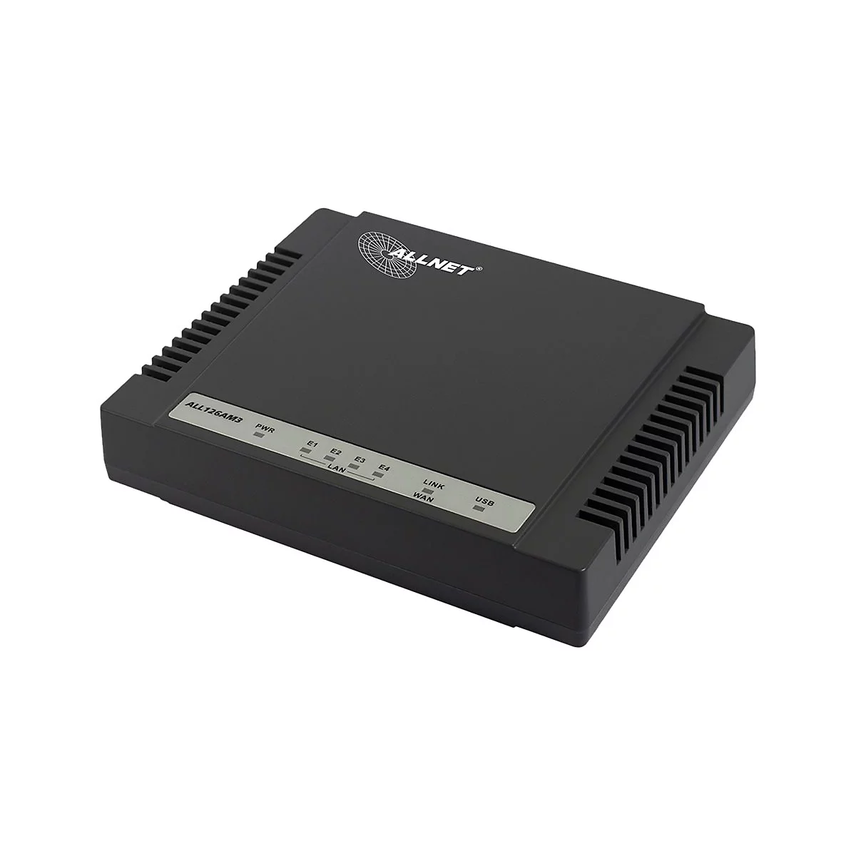 Schwarzer Allnet Router vor weißem Hintergrund mit LED-Anzeigen und Belüftungsschlitzen an den Seiten.