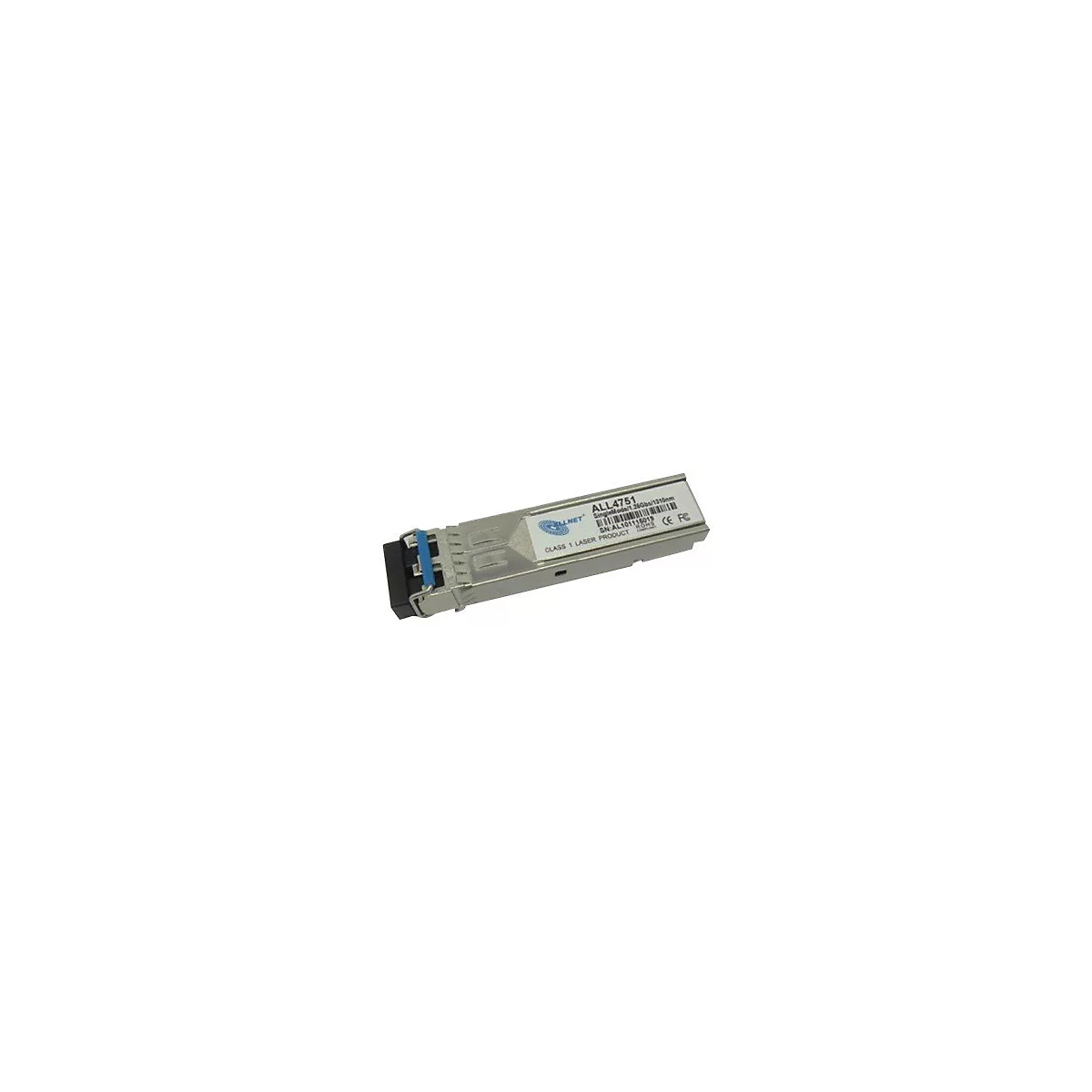 Ein silberner SFP-Transceiver vom Typ ALL4751 mit blauem Entriegelungshebel vor weißem Hintergrund.
