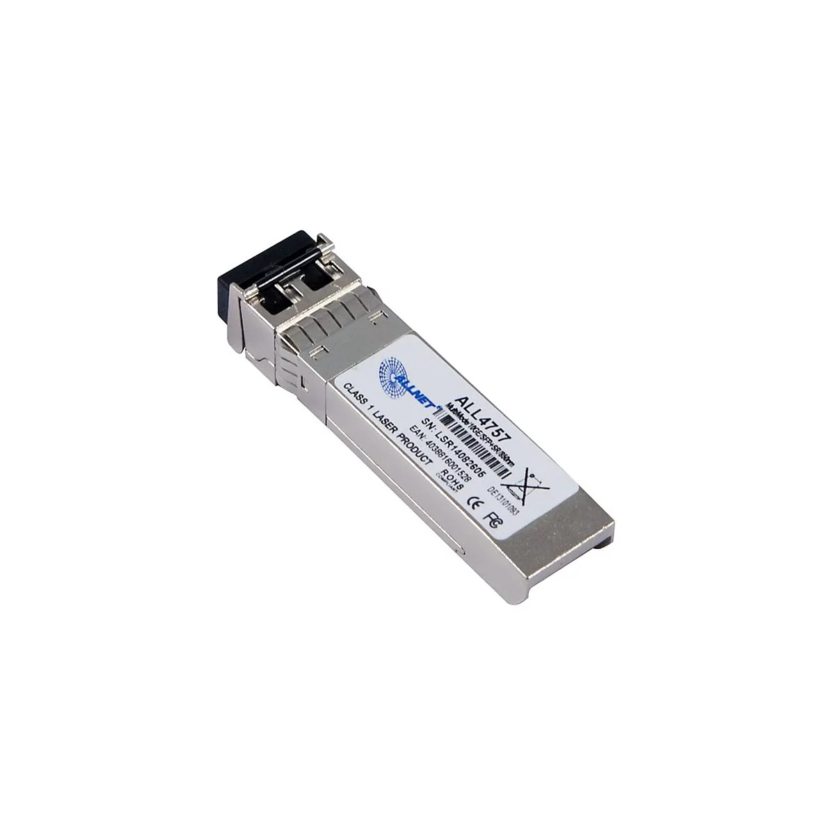 Ein silberner Allnet ALL4757 SFP+ Transceiver für Glasfasernetzwerke mit weißem Aufkleber vor weißem Hintergrund.