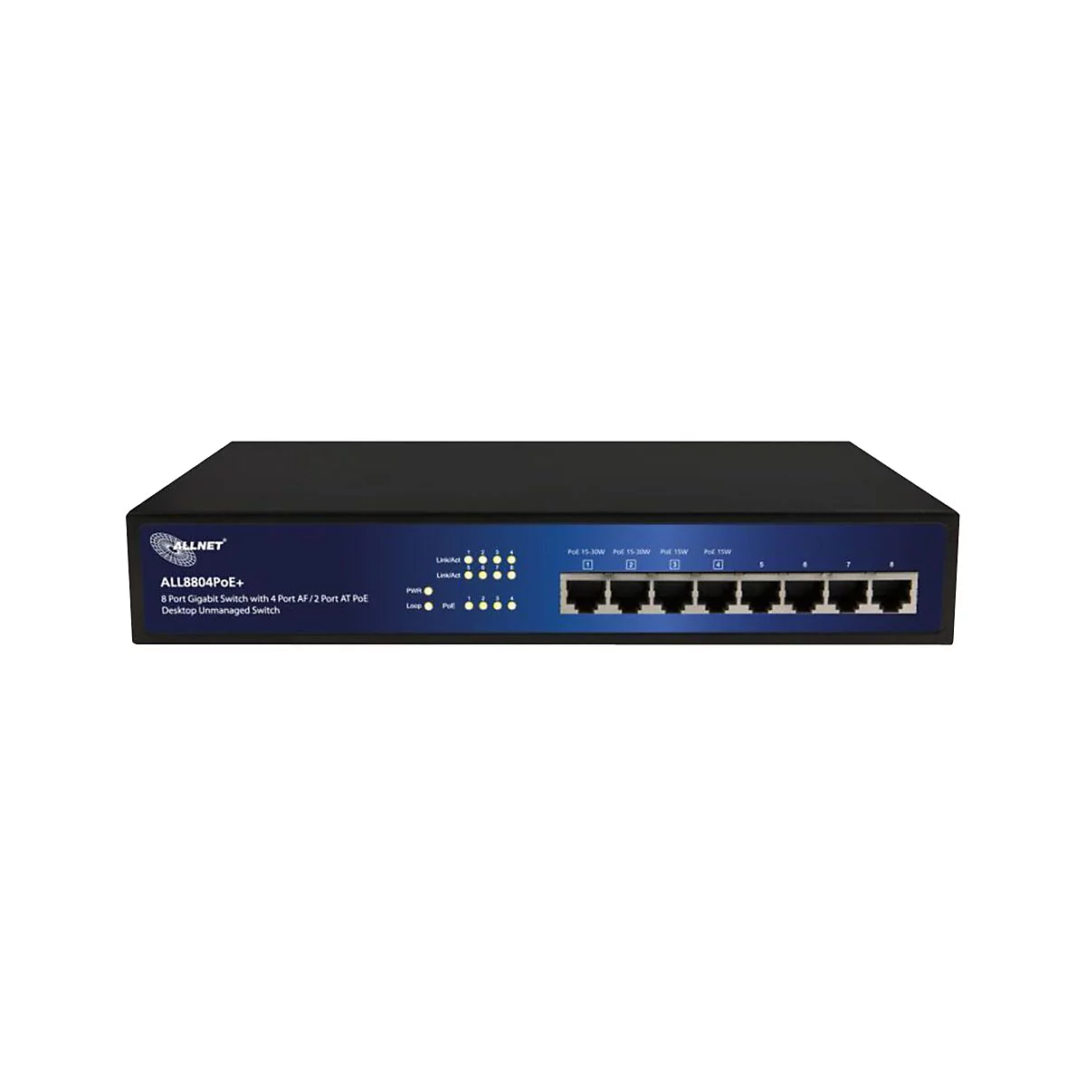ALLNET 8-Port Gigabit PoE+ Switch in schwarzem Gehäuse mit blauer Frontplatte vor weißem Hintergrund.