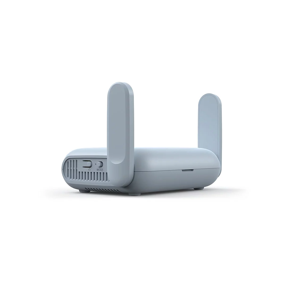 Heller, flacher WLAN-Router mit zwei abgerundeten Antennen vor weißem Hintergrund.