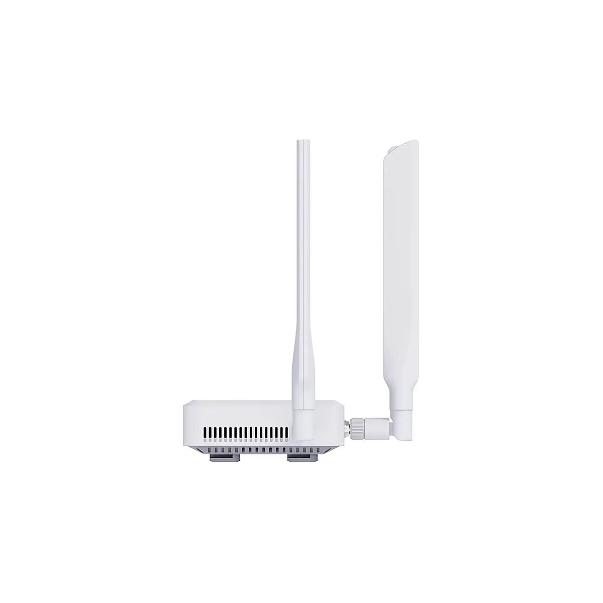 Seitenansicht eines weißen WLAN-Routers mit zwei vertikalen Antennen vor weißem Hintergrund.