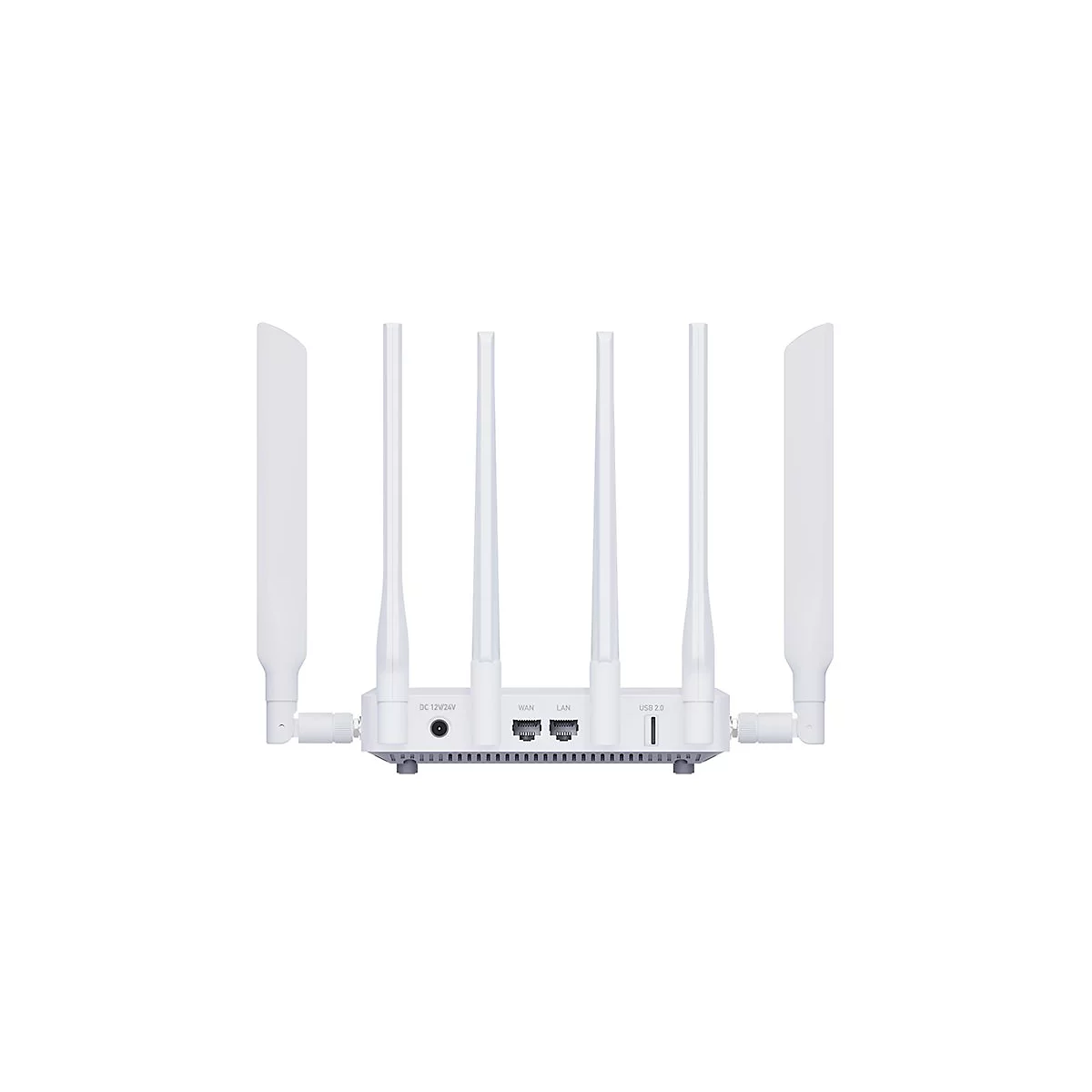 Rückseite eines weißen WLAN-Routers mit sechs Antennen, Stromanschluss sowie WAN-, LAN- und USB-Ports.