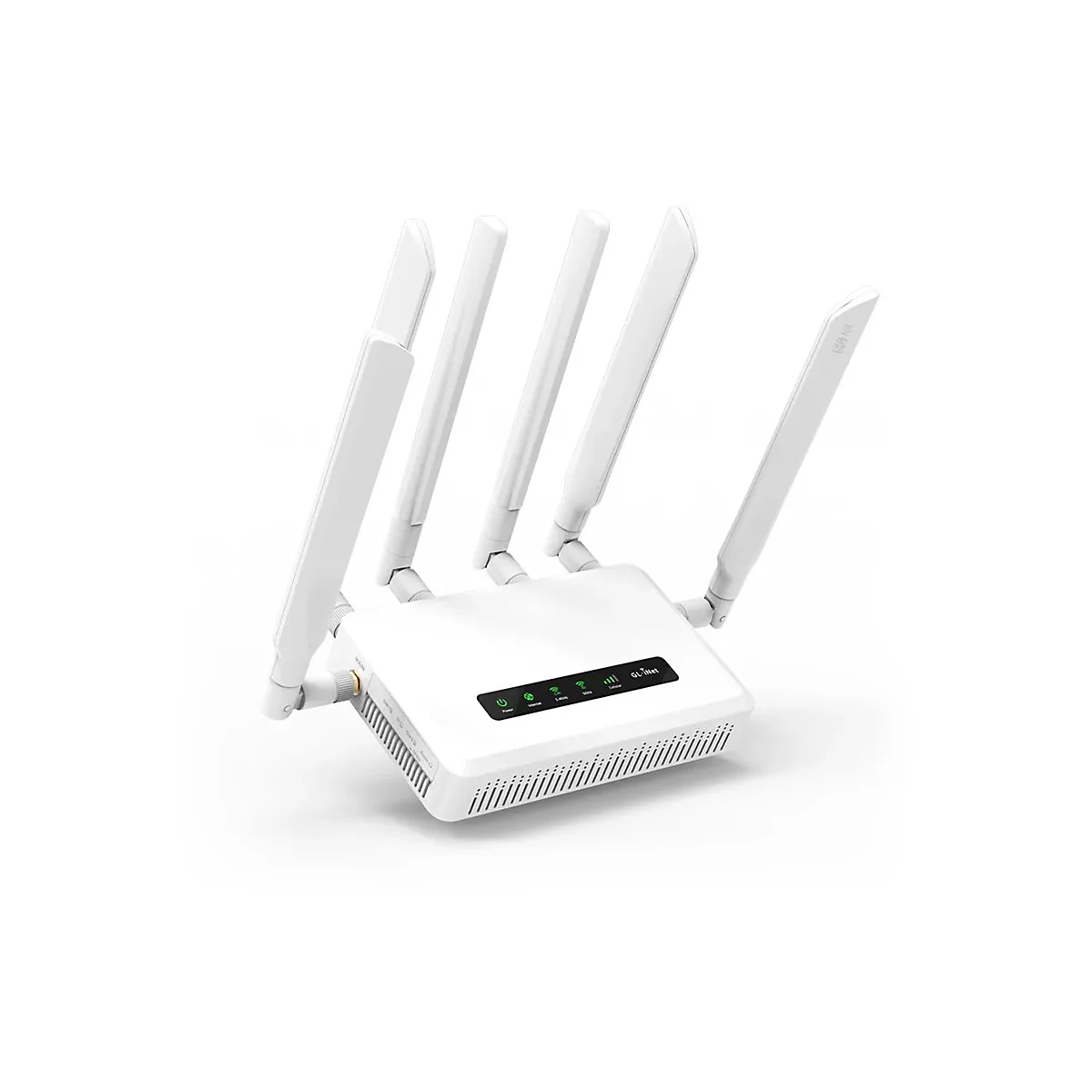 Weißer GL.iNet 5G-Router mit vier abstehenden Antennen auf weißem Hintergrund.