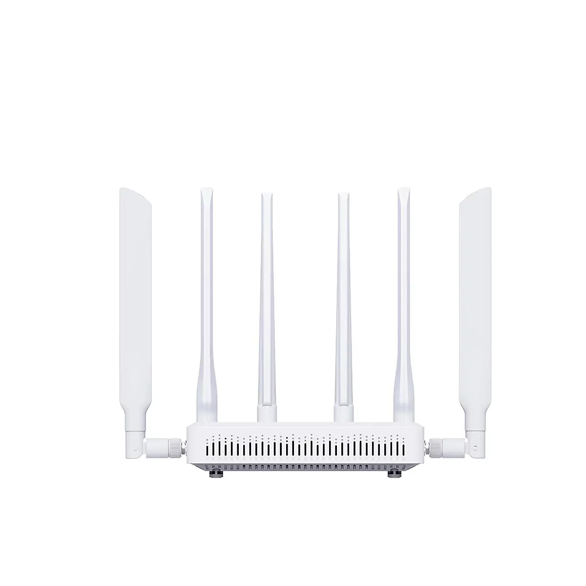 Ein weißer WLAN-Router mit sechs aufrechten Antennen vor einem weißen Hintergrund.