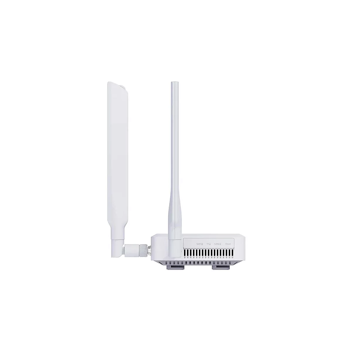 Seitenansicht eines weißen Routers mit zwei Antennen und SIM-Karten-Einschüben vor neutralem Hintergrund.