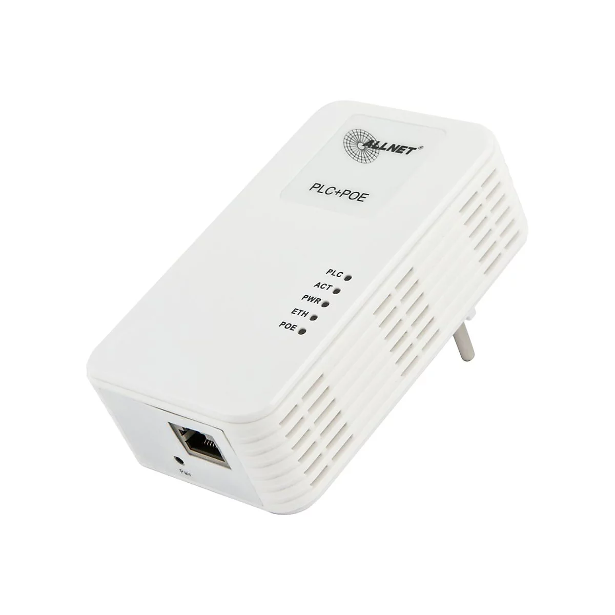 Weißer ALLNET Powerline-Adapter mit PoE-Anschluss, Status-LEDs und Stecker auf weißem Hintergrund.