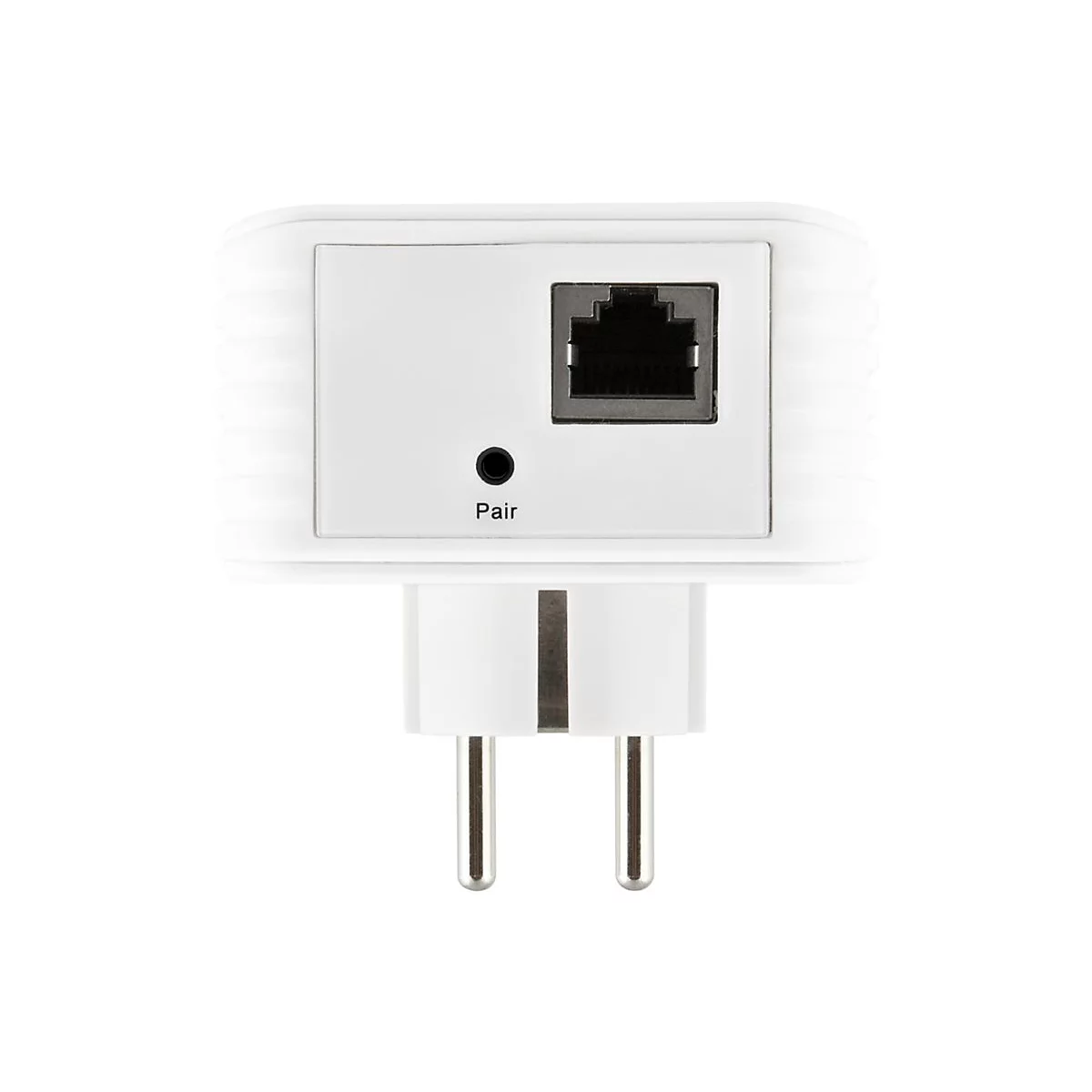 Weißer Powerline-Adapter mit einem Ethernet-Anschluss und einer Pair-Taste vor weißem Hintergrund.