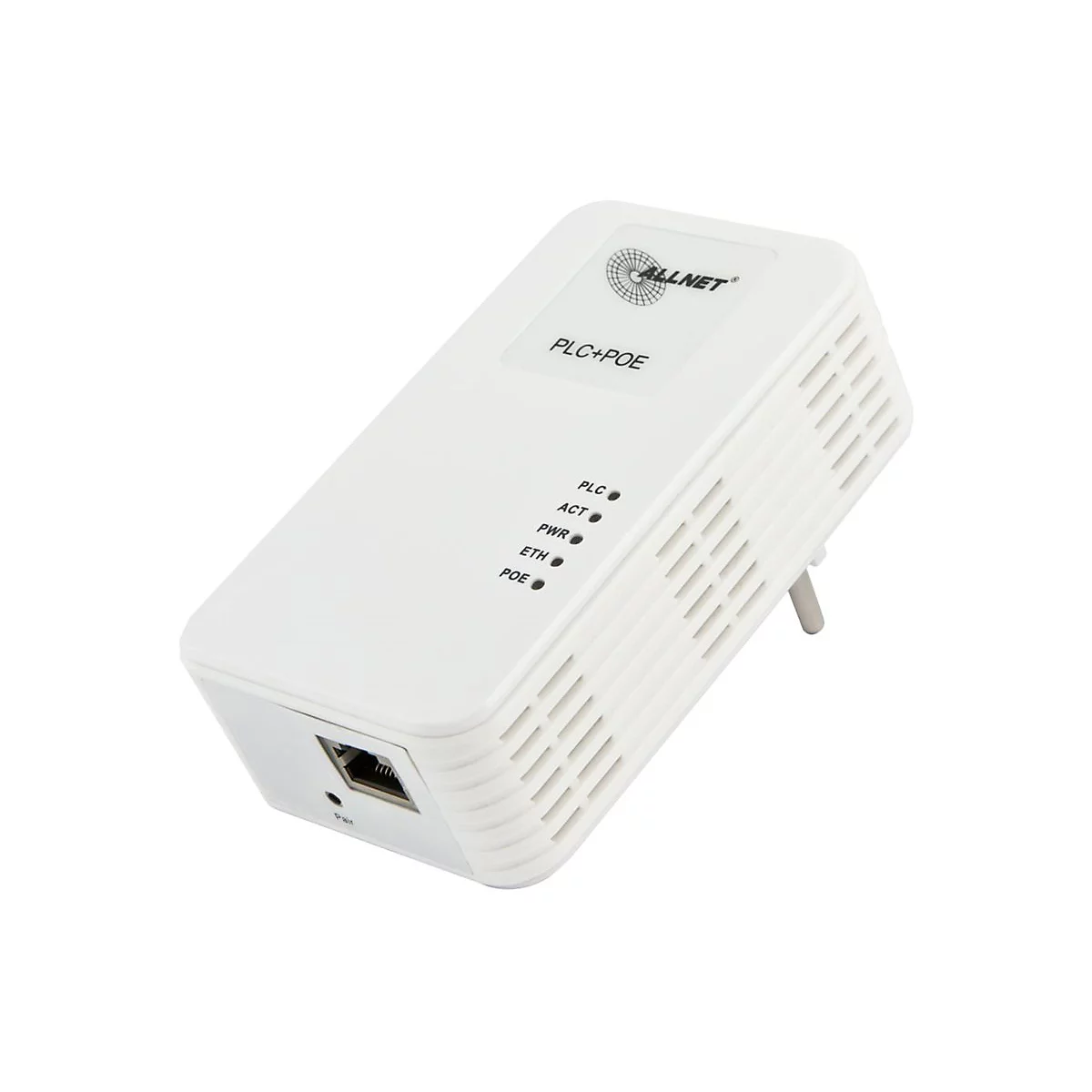 Weißer ALLNET PLC+POE Adapter mit LAN-Anschluss und Status-LEDs auf weißem Grund.