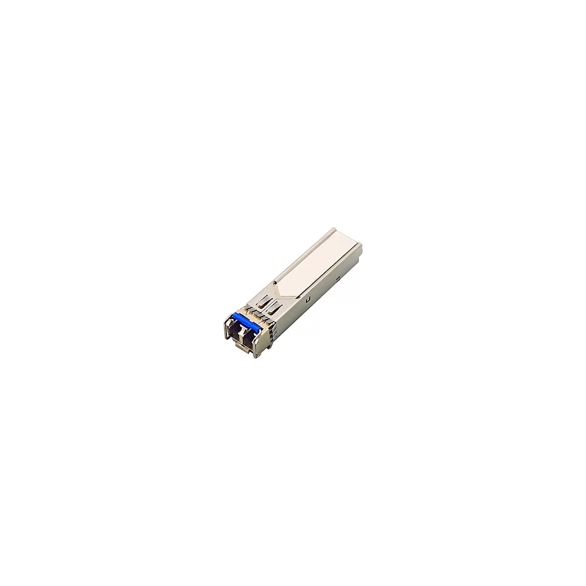 Ein silbernes SFP-Modul mit einem blauen Entriegelungshebel vor weißem Hintergrund.