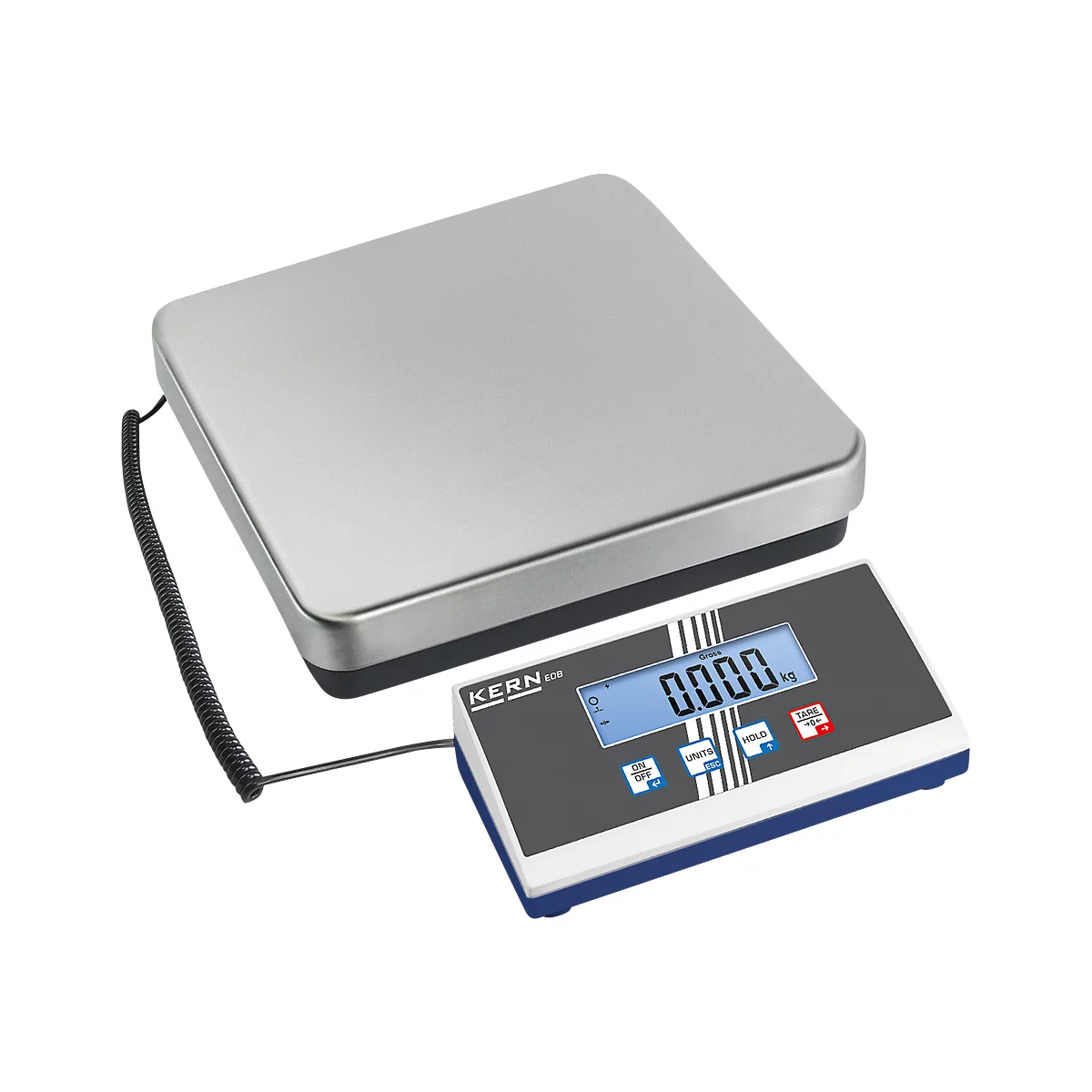 Eine digitale Waage mit Anzeige von 0.000 kg, verbunden mit einer Wiegeplatte. Die Marke ist KERN.