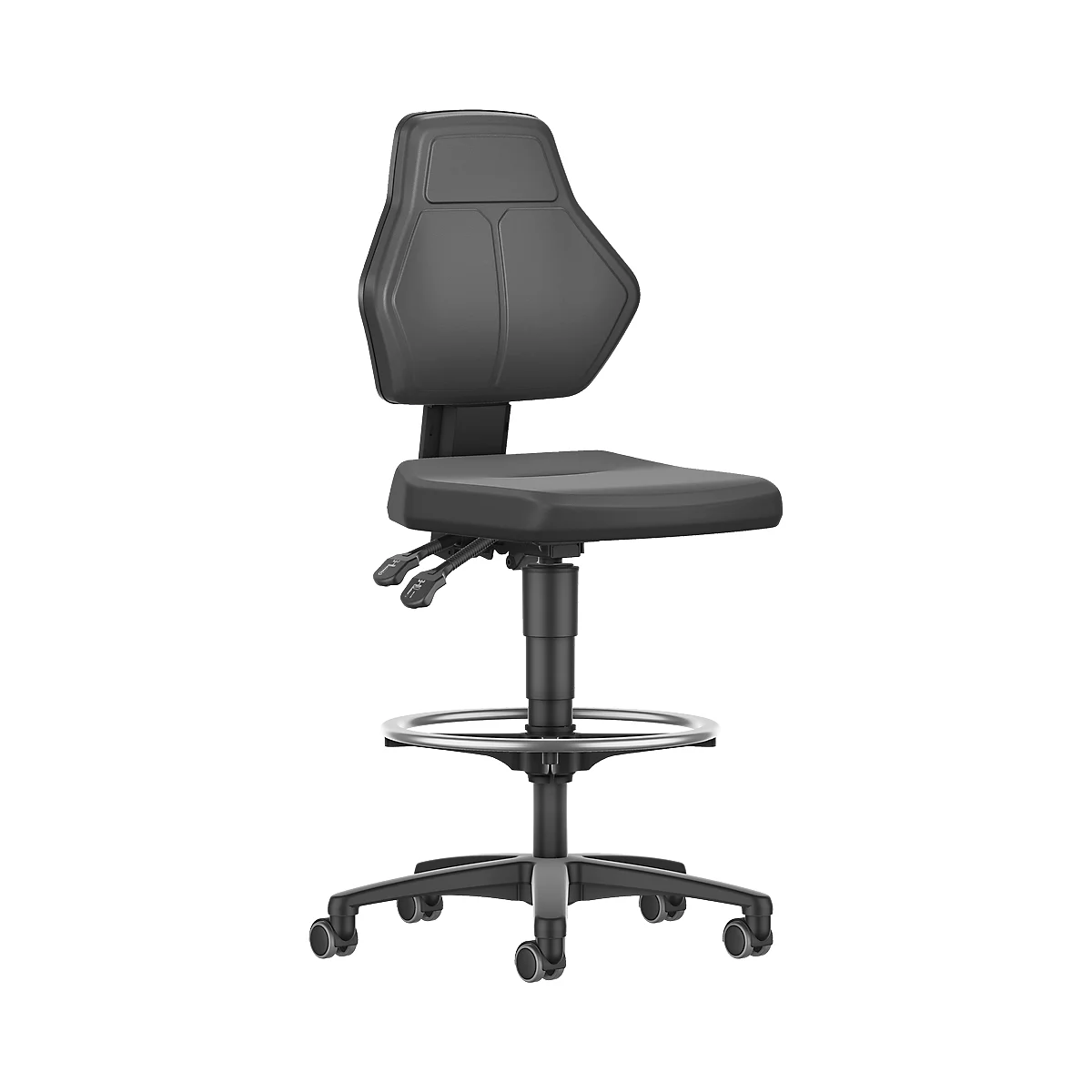Black ergonomic chair, height-adjustable, with footrest and castors. Backrest and seat are padded.