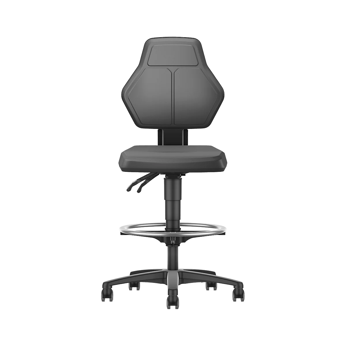 Gray ergonomic office chair, backrest with two vertical lines, footrest.