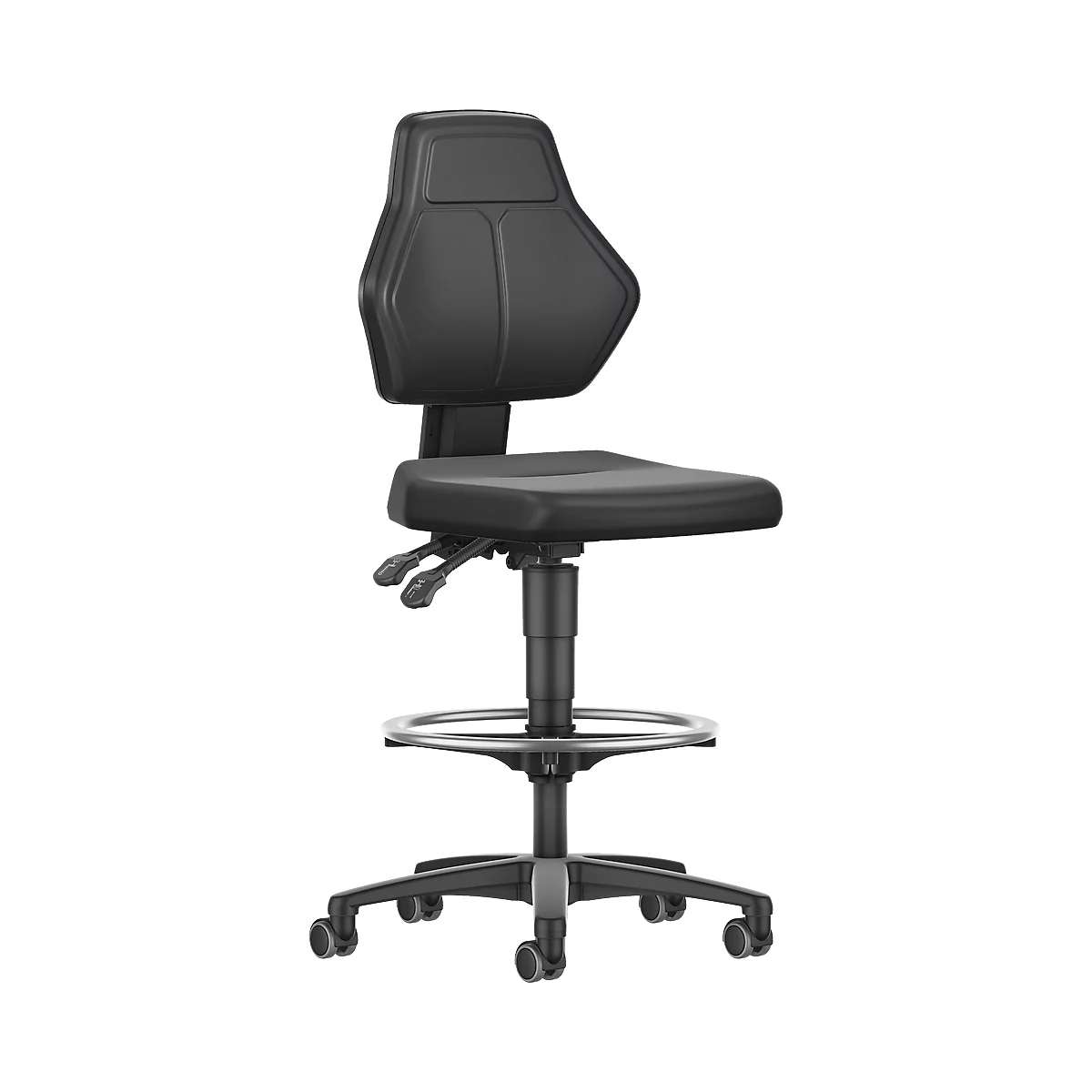 Black office chair with high back, seat and footrest. The chair has castors and a height-adjustable gas spring.