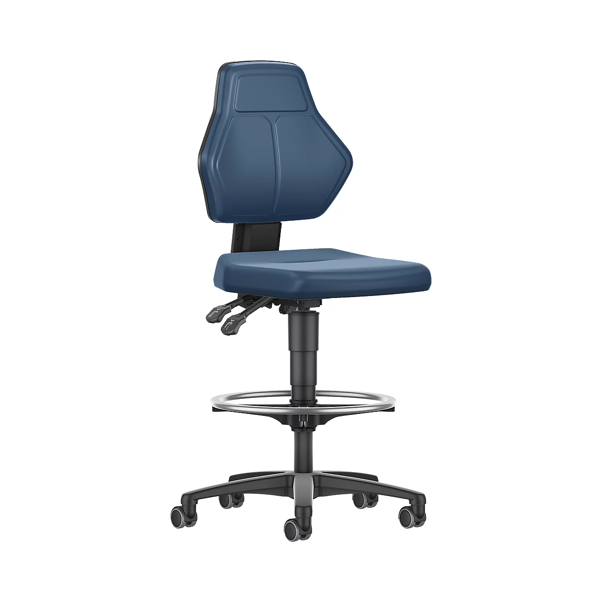Blue office chair with castors, high backrest and seat. There are levers under the seat for adjustment. The chair stands on five castors.