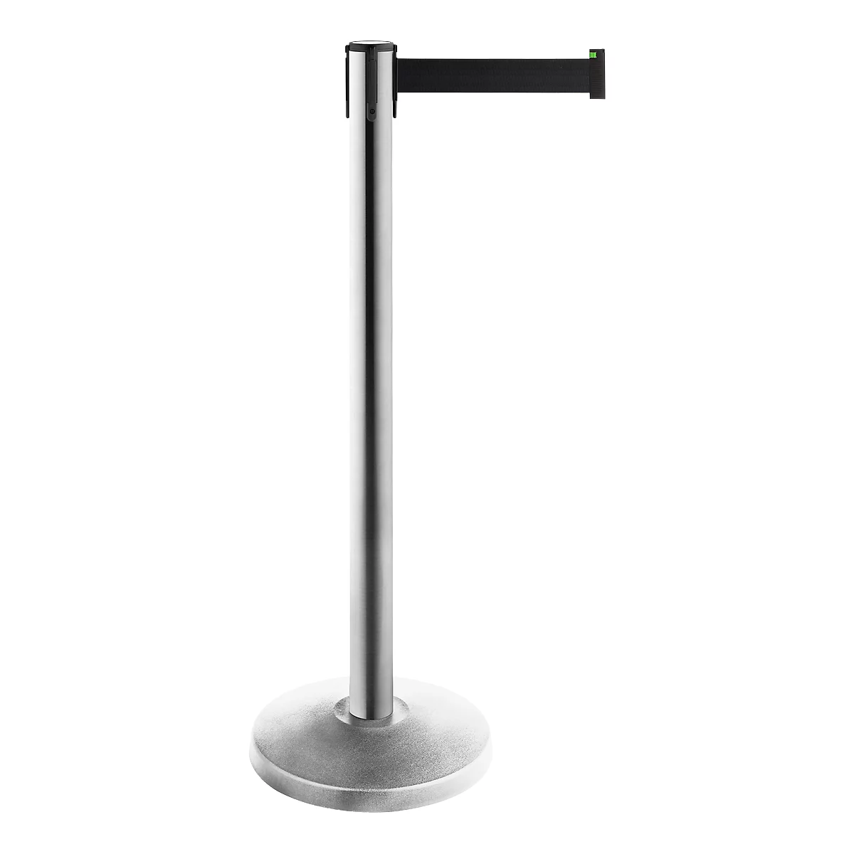 Silver stanchion with black belt and round base. The belt is extended.