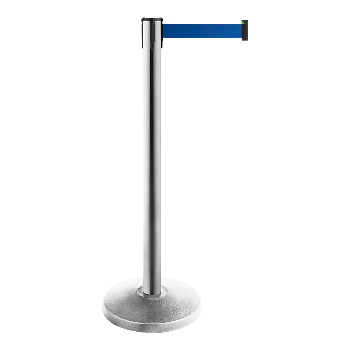 A silver stanchion with blue belt. The stanchion has a round base and a sleek pillar with belt.