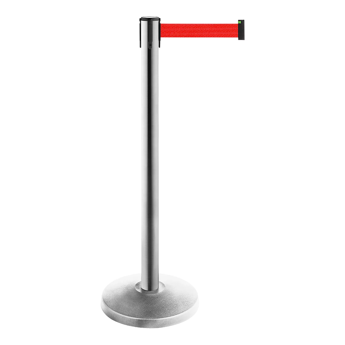 A silver stanchion with a red retractable belt extending horizontally.