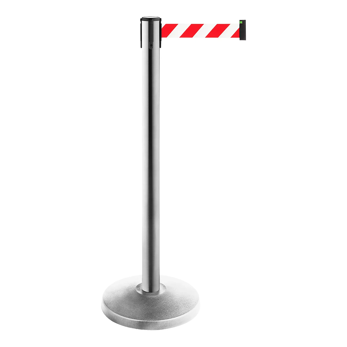 Silver stanchion with red and white striped belt.