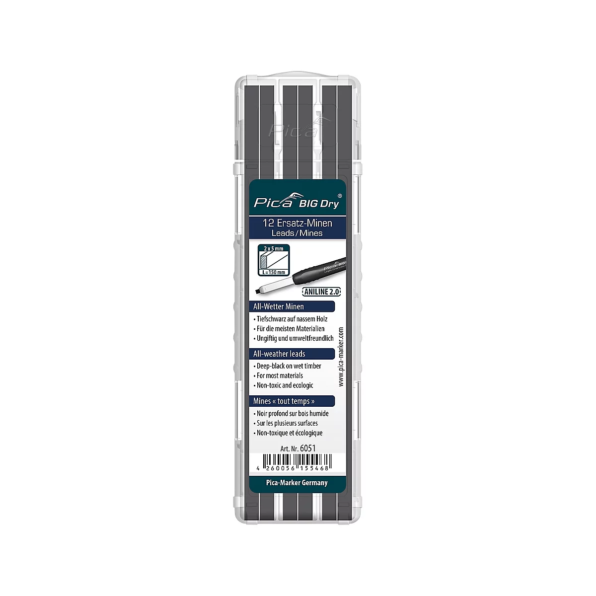 Allwetter navullingen Pica BIG Dry ANILINE 2.0, grafiet, 5 mm, met etui, 12 stuks