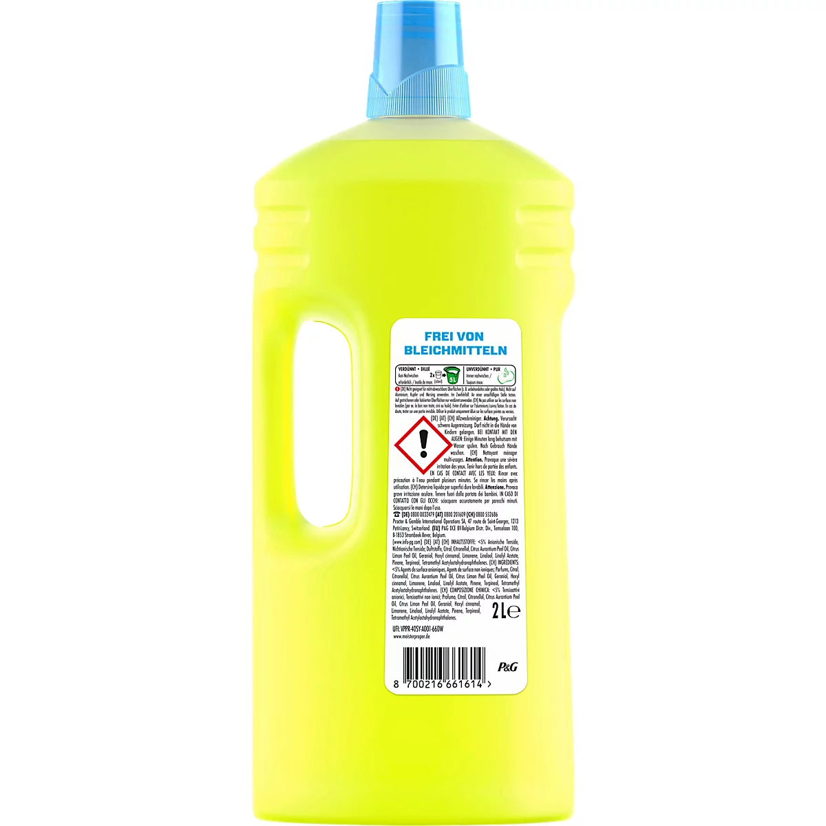 Gelbe Plastikflasche mit blauem Deckel und weißem Etikett inklusive Warnsymbol.