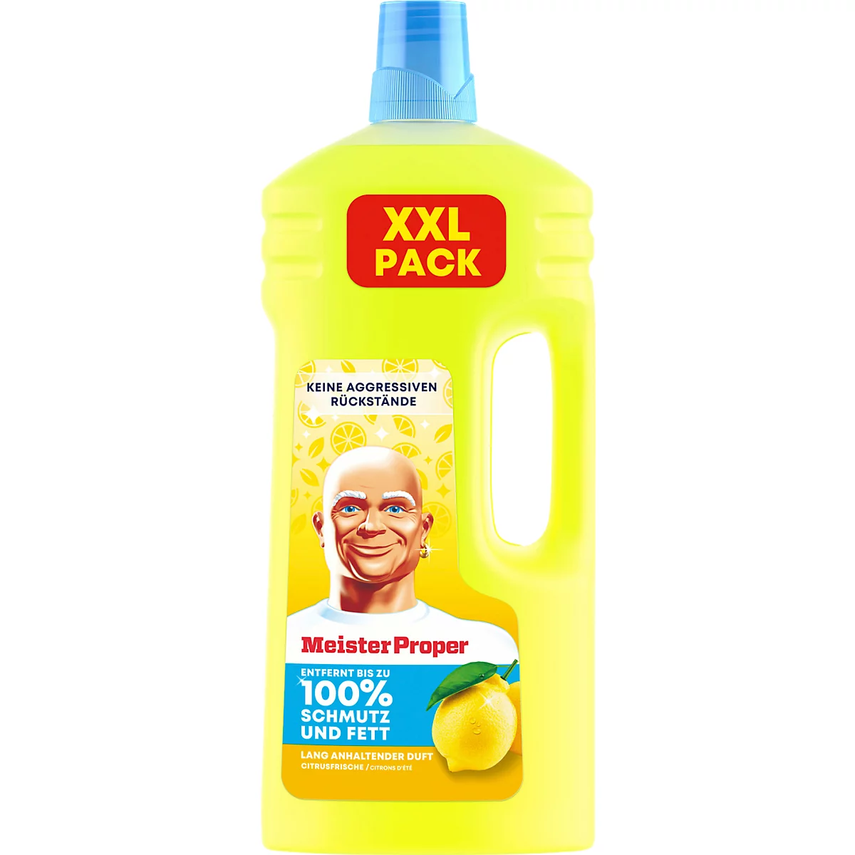 Gelbe Meister Proper Allzweckreiniger Flasche mit XXL Pack Aufschrift und Zitronenabbildung.