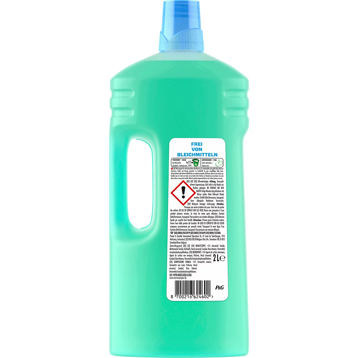 Rückseite einer grünen Reinigungsmittel-Flasche mit blauem Verschluss und detailliertem Etikett.