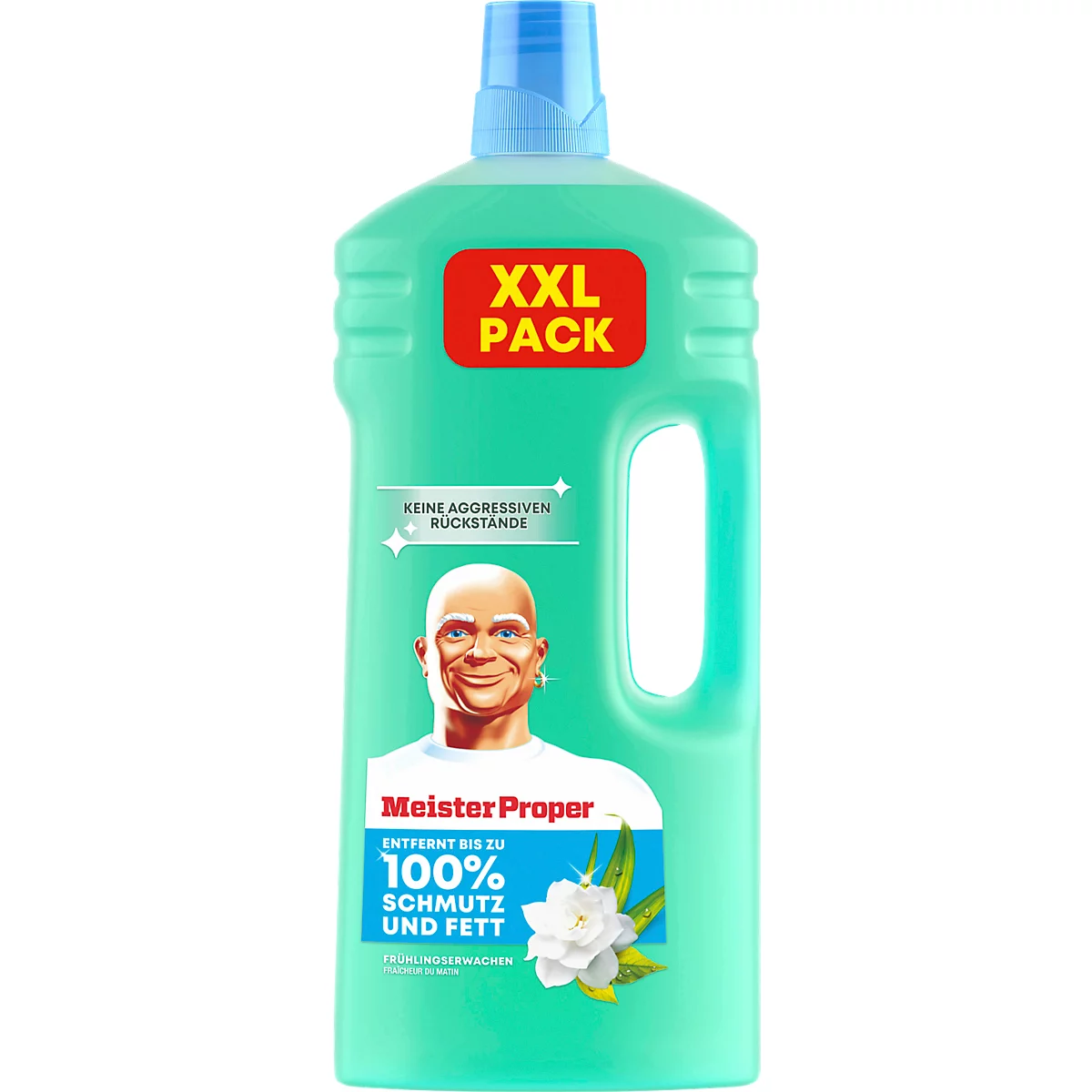 Türkise Plastikflasche Meister Proper Allzweckreiniger mit XXL-Pack-Aufkleber und Blumen-Motiv.