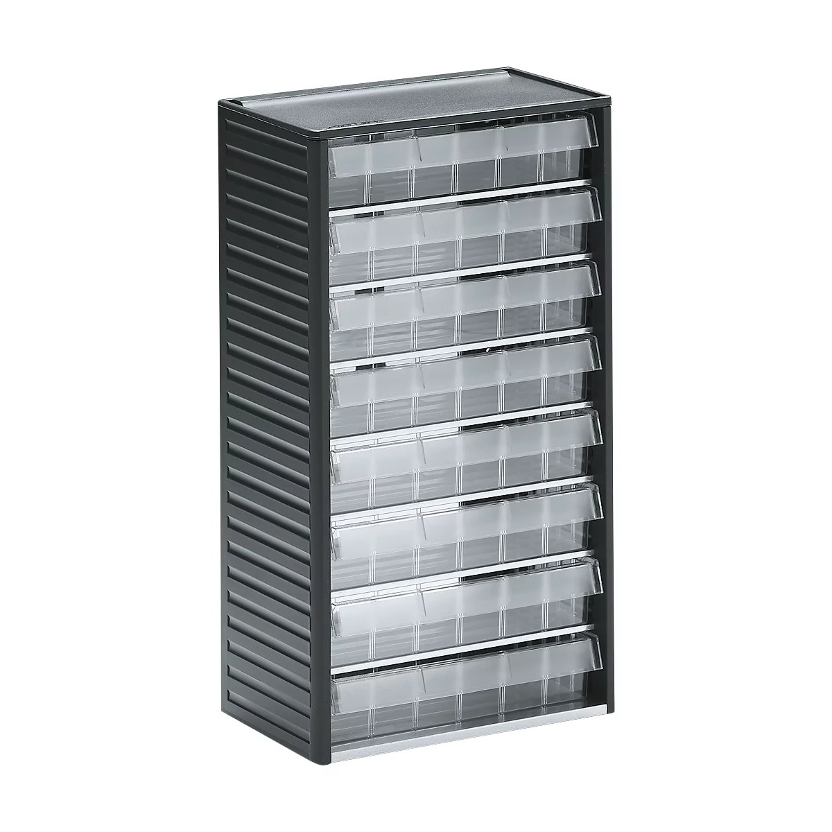 Un armario de herramientas negro con ocho cajones transparentes.